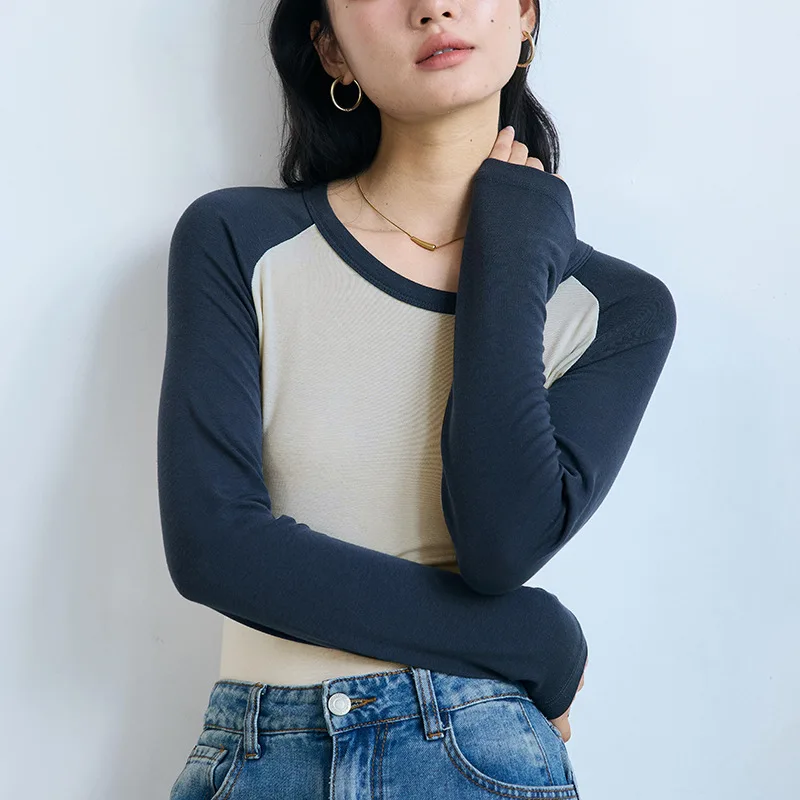 Abbigliamento da donna Anali primaverili e autunnali Versione sottile Strato base Blocco colore Maniche lunghe Top Girocollo Maglieria
