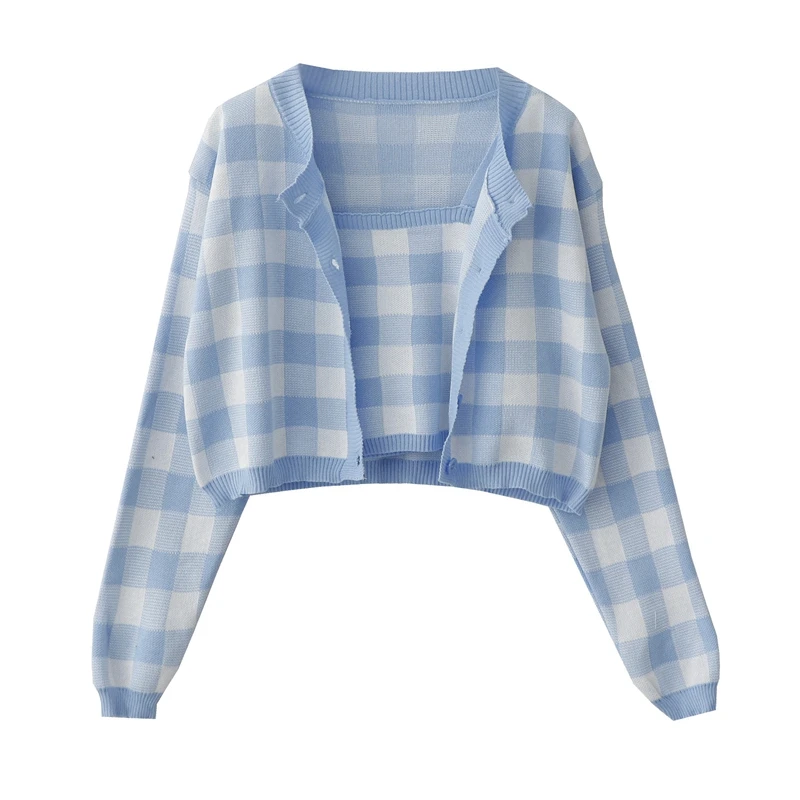 

2026 Новые осенние женские повседневные эластичные вязаные кардиганы с длинными рукавами + тонкий короткий клетчатый вязаный камзол, комплект из двух предметов