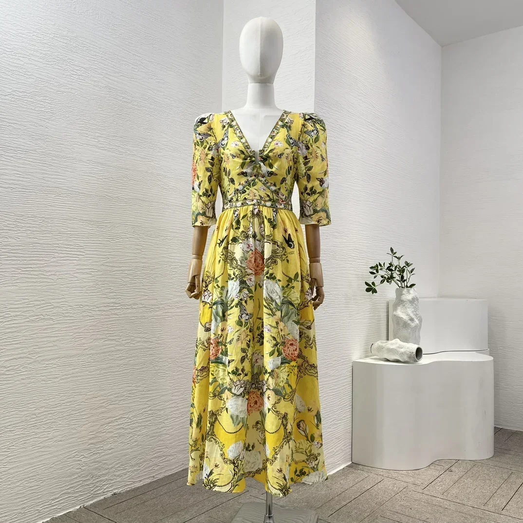 

2024 New Yellow Floral Butterfly Print Linen High Quality Deep V-Neck Diamonds Pressed Women Half Sleeve Holiday Midi Dress