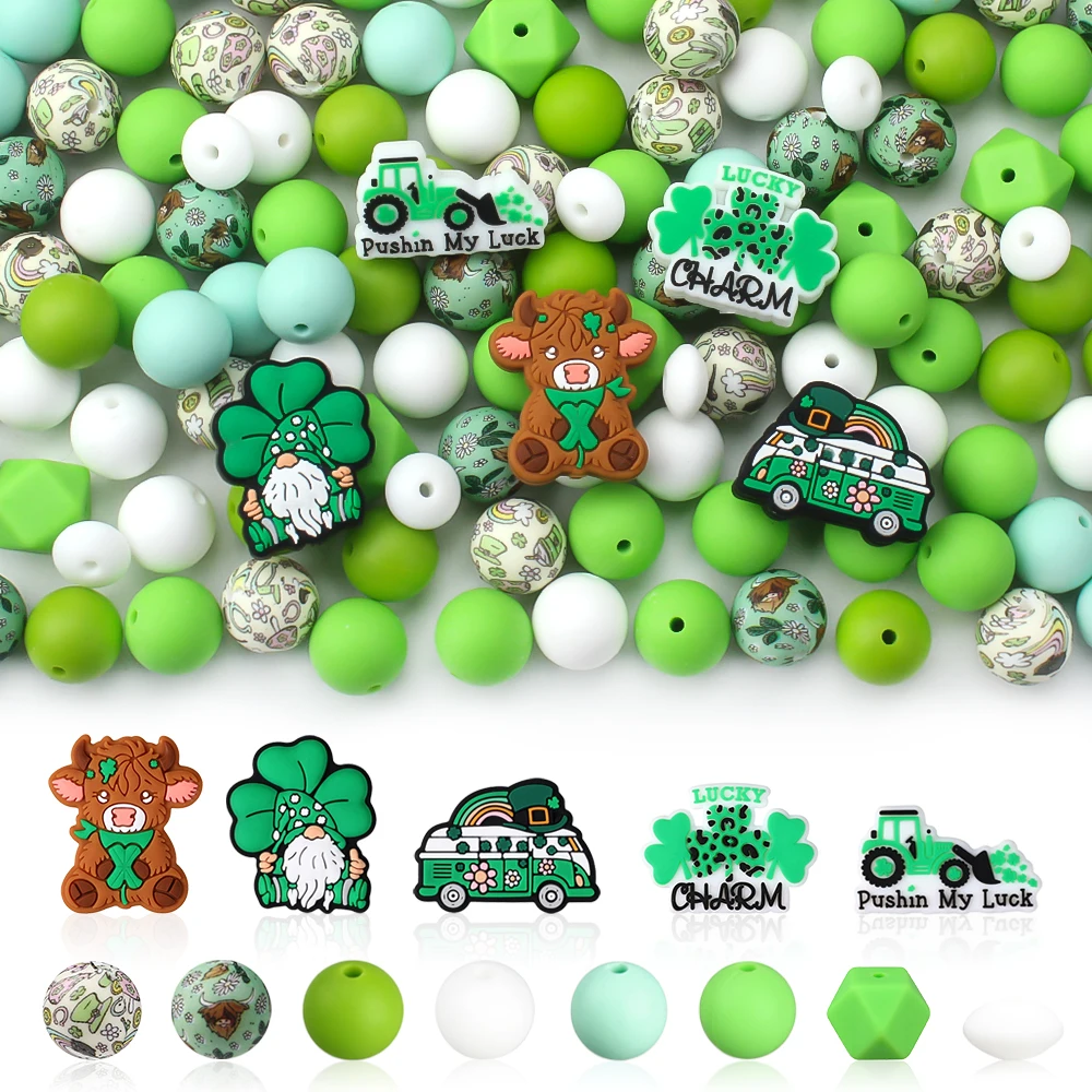 عيد القديس باتريك سيليكون الخرز مجموعة شامروكس Leprechauns البؤري الخرز لصنع القلم مجوهرات المفاتيح أساور الإكسسوار