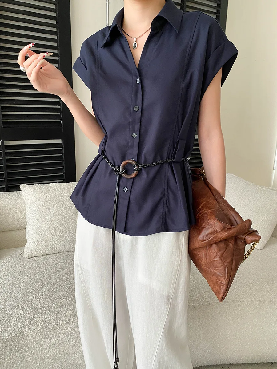 

Summer women's casual solid color collar, waist cinching, slimming short sleeved shirt