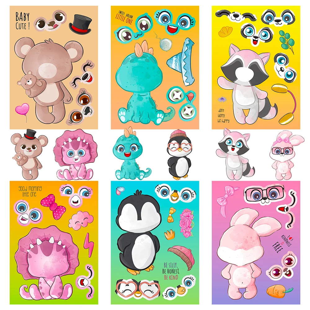 

6/12Sheets DIY Animal Puzzle Sticker Children Make a Face Dinosaur Penguin Bear Kids Assemble Jigsaw Game Toys Gift Party Gifts