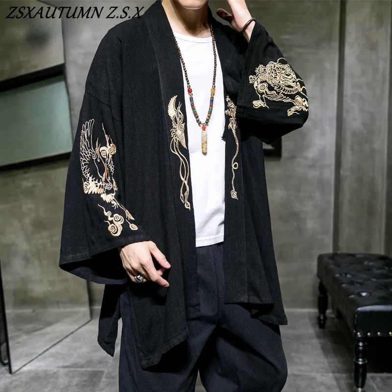 Chinese Style Hanfu Men\'s Embroidered Cardigan Japanese Kimono Male Samurai Clothing Mens Shirt Vintage Tang Suit Jacket Black