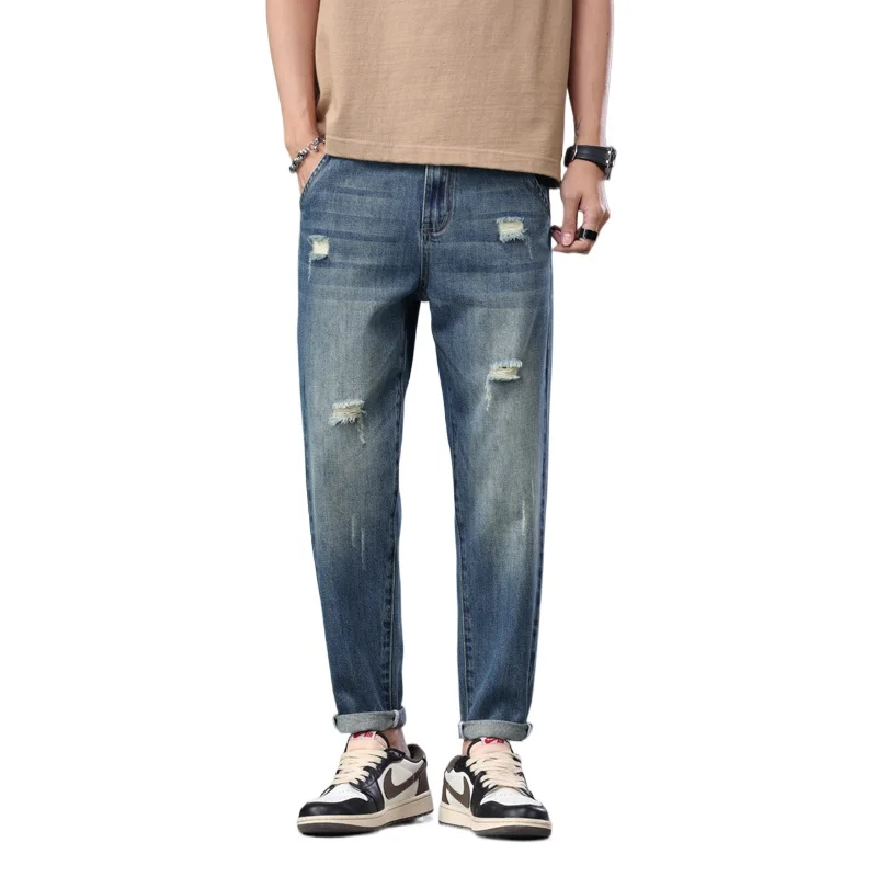 

Summer Cotton Men's Breathable Ripped Jeans Casual Loose Cuffed Ankle length Denim Pants Comfortable vintage style Trousers Male