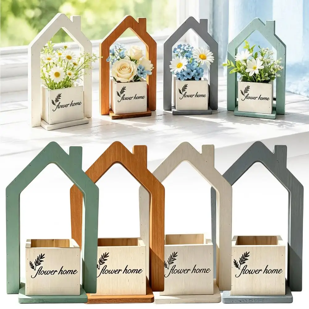 Solid Wood Flower Pot Wooden House Shape Flower Holder Solid Wood Dried Flower Vase Pastoral Style Desktop Decor for Home