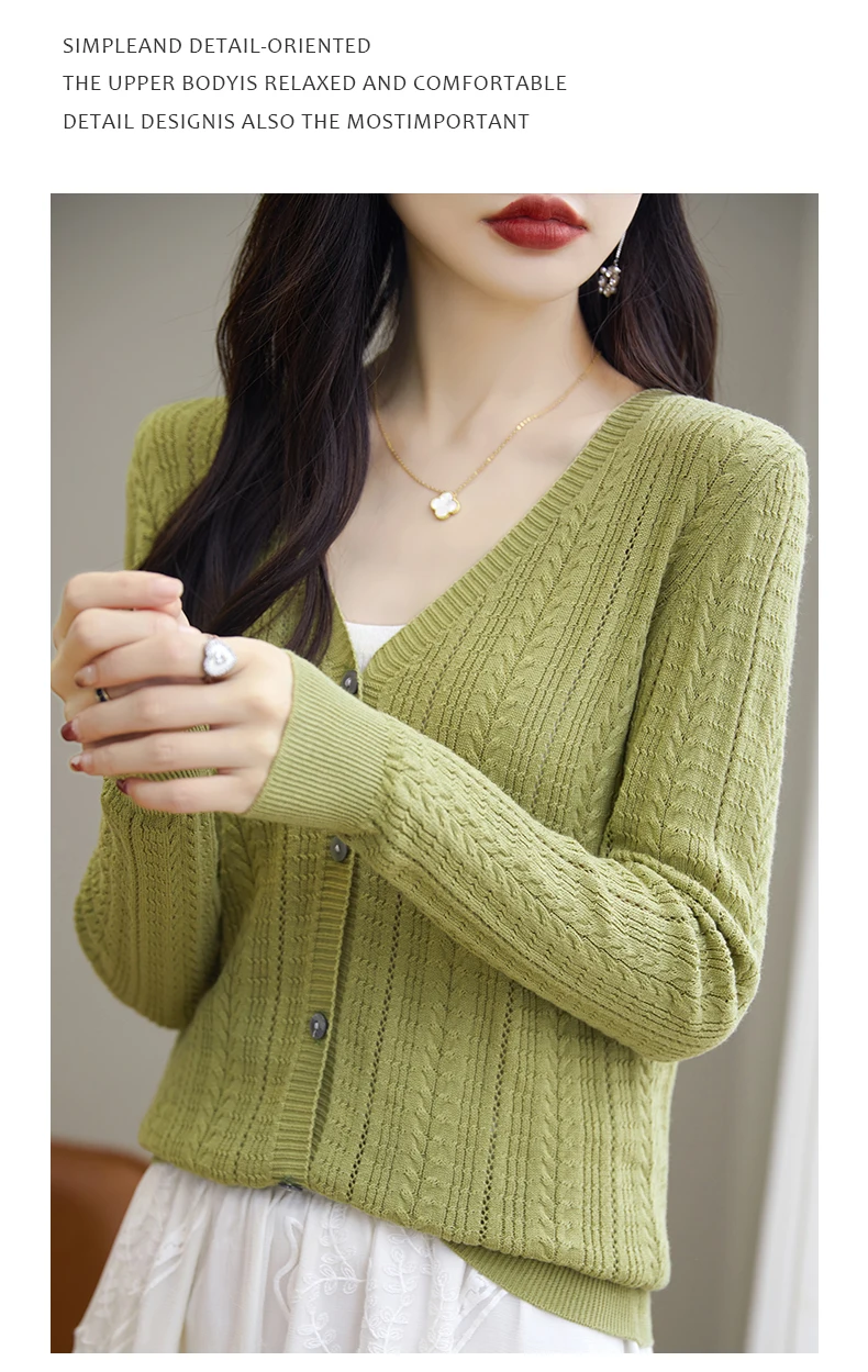 100% Cotton Spring/Summer Hollow v Neck Long Sleeved Sun Proof Air-Conditioned Shirt, Comfortable Fashionable Cardigan