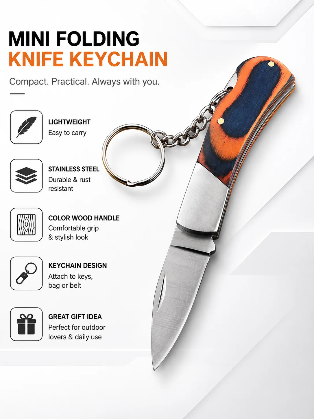 Mini Folding Knife Keychain, Stainless Steel Pocket Knife with Color Wood Handle, Compact EDC Tool for Camping, Travel & Daily