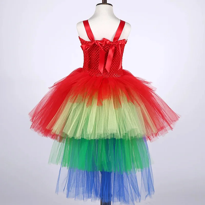 

New Model Macaw Parrot Costume For Girls High Low Princess Dresses With Rainbow Feather Headband Flower Girl Layered Trailing Tu