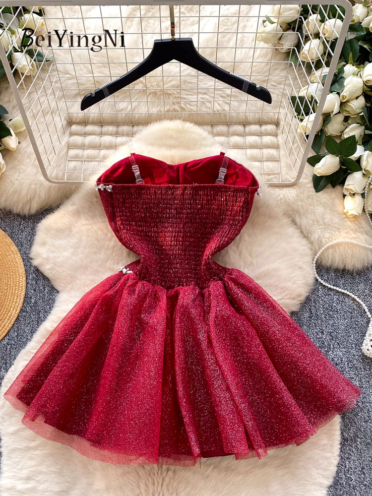 Beiyingni 2026 primavera novo estilo vestido de festa feminino indústria pesada miçangas aniversário curto tutu vestidos luxo malha vestido sem alças