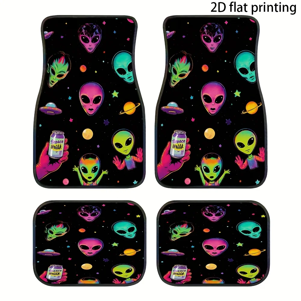 4pcs Car Floor Mats, Alien Space-Themed Pattern, Universal Car Floor Mats, Made of Polyester Fiber, Washable