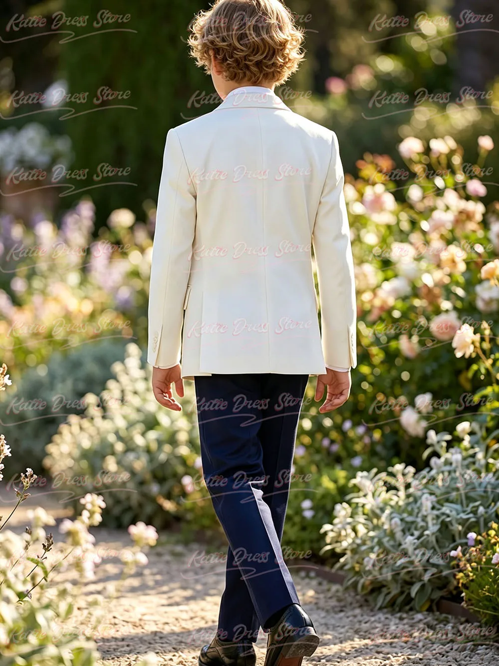Customized Boys Ivory Double-Breasted Blazer Navy Trousers 2-piece Suit Teen Wedding Performance Prom Formalwear Classic Slim