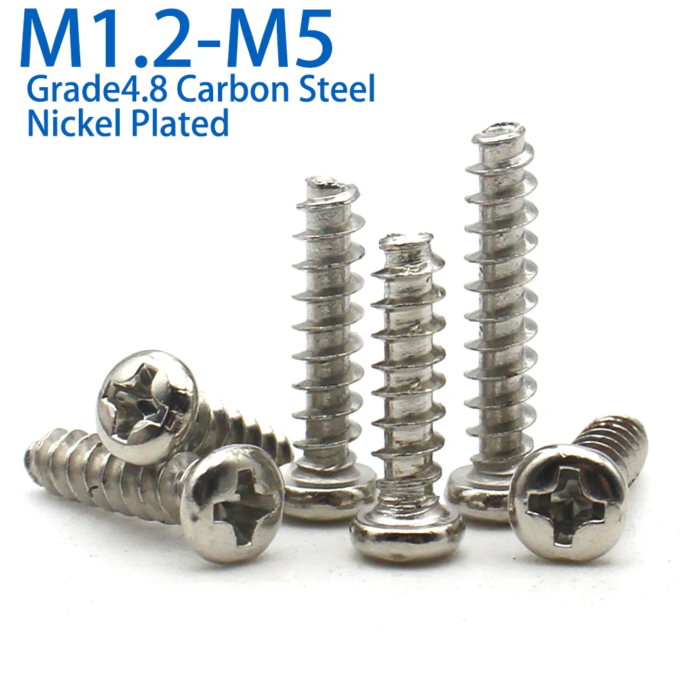 30/50/100pcs M1.2 M1.7 M2 M2.6 M3 M4 M5 Grade 4.8 Carbon Steel Phillips Cross Recessed Round Head Self-tapping Flat Tail Screws