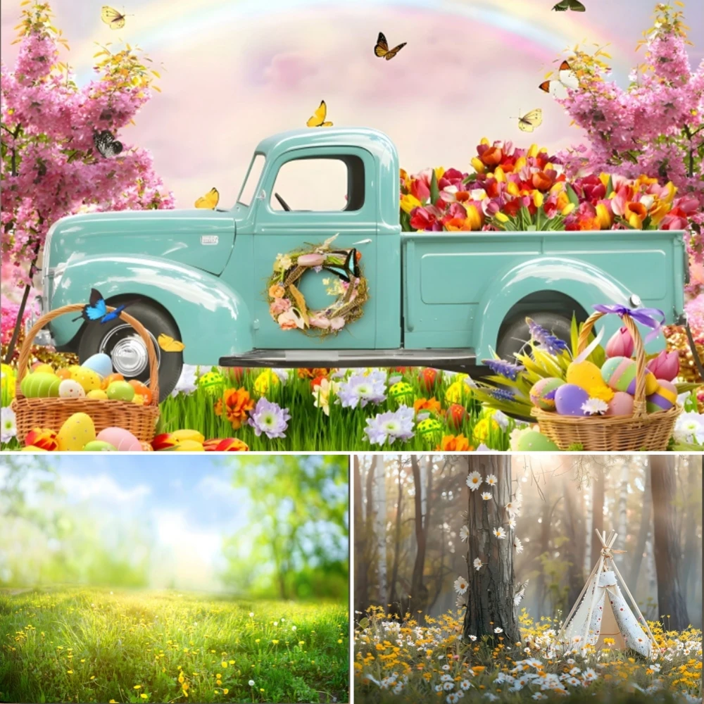 

Spring Photography Backdrop Natural Scene Garden Flower Green Grass Floral Fence Kids Easter Decor Background Photo Studio
