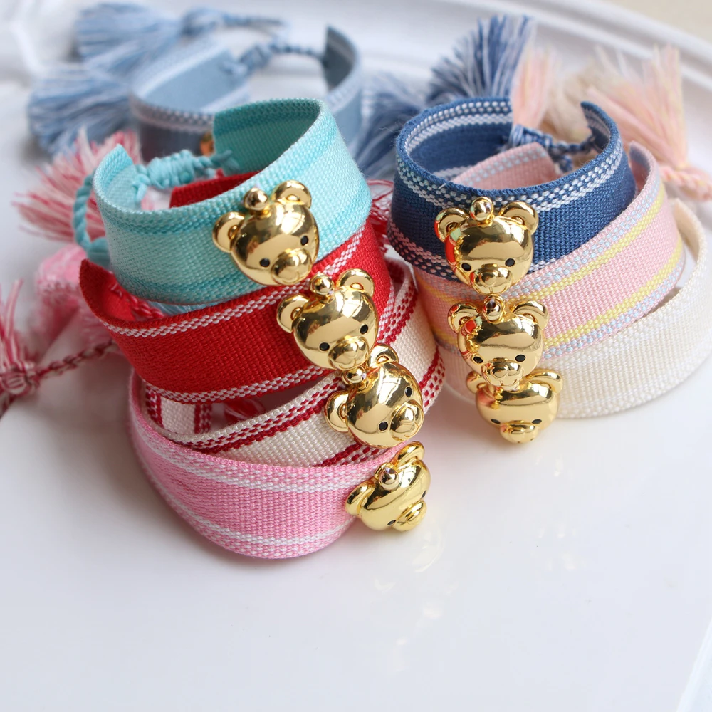 5PCS, Charm Braided Fabric Bracelet for Women Men Gold Bear Charm Bracelets Handmade Adjustable Tassel Rope Jewelry