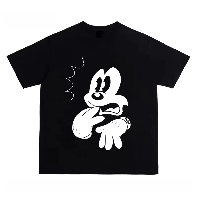

2025 New Summer Novel Creative Black and White Mickey Print Plus Size T-shirt Casual Loose Y2K Round Neck Top Unisex