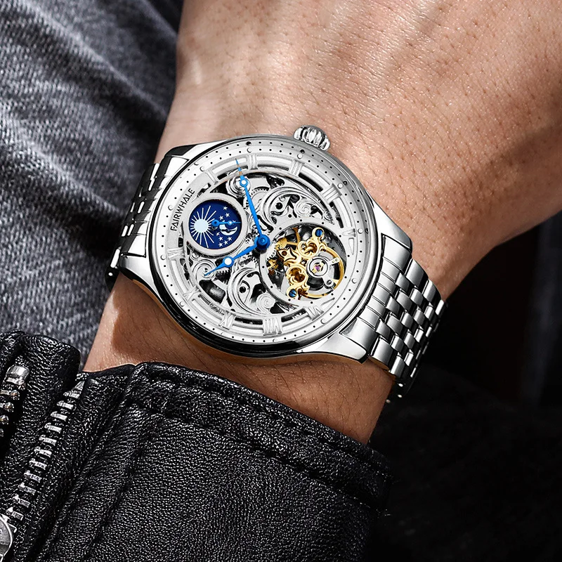 

Fairwhale Brand High End Mechanical Watches Man Stainless Steel Moon Phase Automatic Tourbillon Watches Mens Skeleton Clock