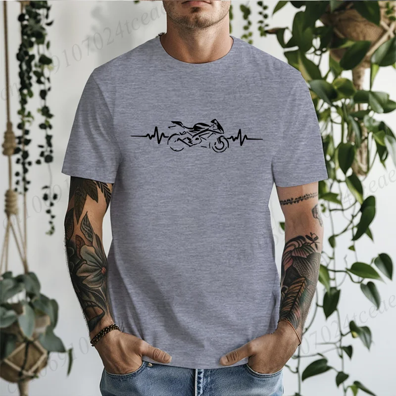 Funny Motorcycle Pulse Motorbike Rider Heartbeat Men's Tee Shirts Casual Fashion Clothing Oversized Hip Hop Streetwear Tshirts