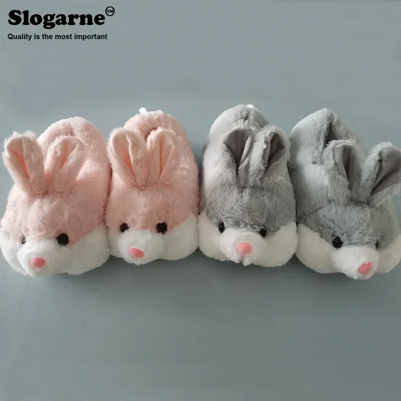 Couples Winter Faux Fur Slippers Women Home Cotton Shoes Unisex Rabbit Fur Indoor Shoes Furry Slides Non Slip Warm Plush Shoes