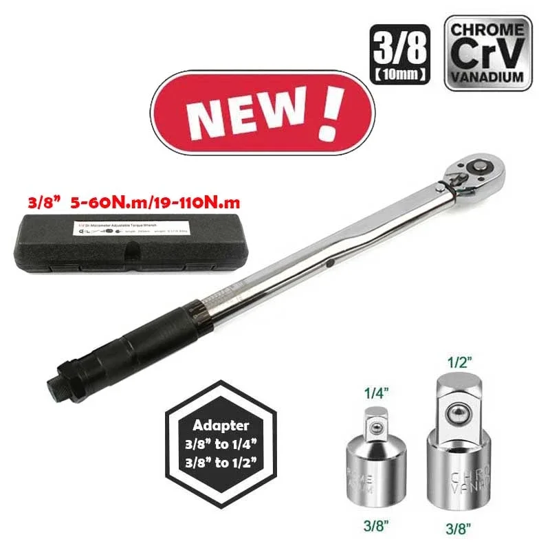 Ratchet Torque Wrench Square Drive 19-110N.m Reversible Ratchet Key 3/8 Inch Adjustable Torque Spanner Precise Preset Hand Tool