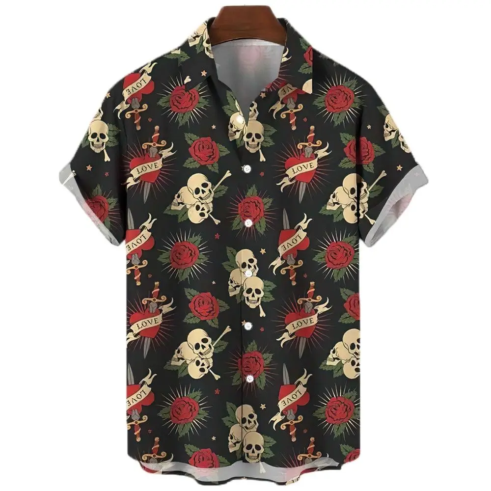 Skull Fashion Hawaiian Shirts For Men 3D Print Floral Cozy Casual Short Sleeve Beach Oversized Clothes Y2K Imported Clothing