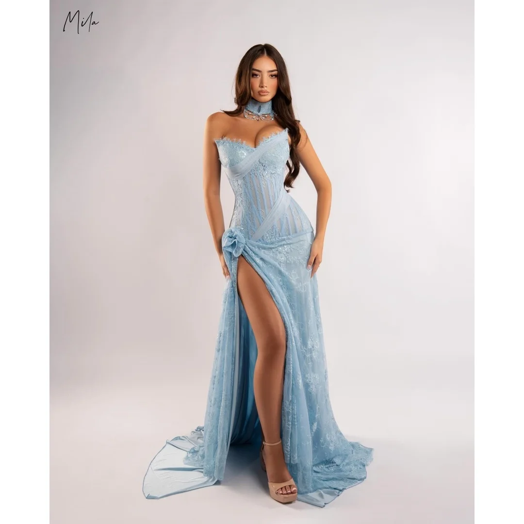 

Mila Light Blue Strapless Choker Neck vestidos de gala Lace Sequin Customized Formal Evening High Slit Prom Dresses Elegant 2025