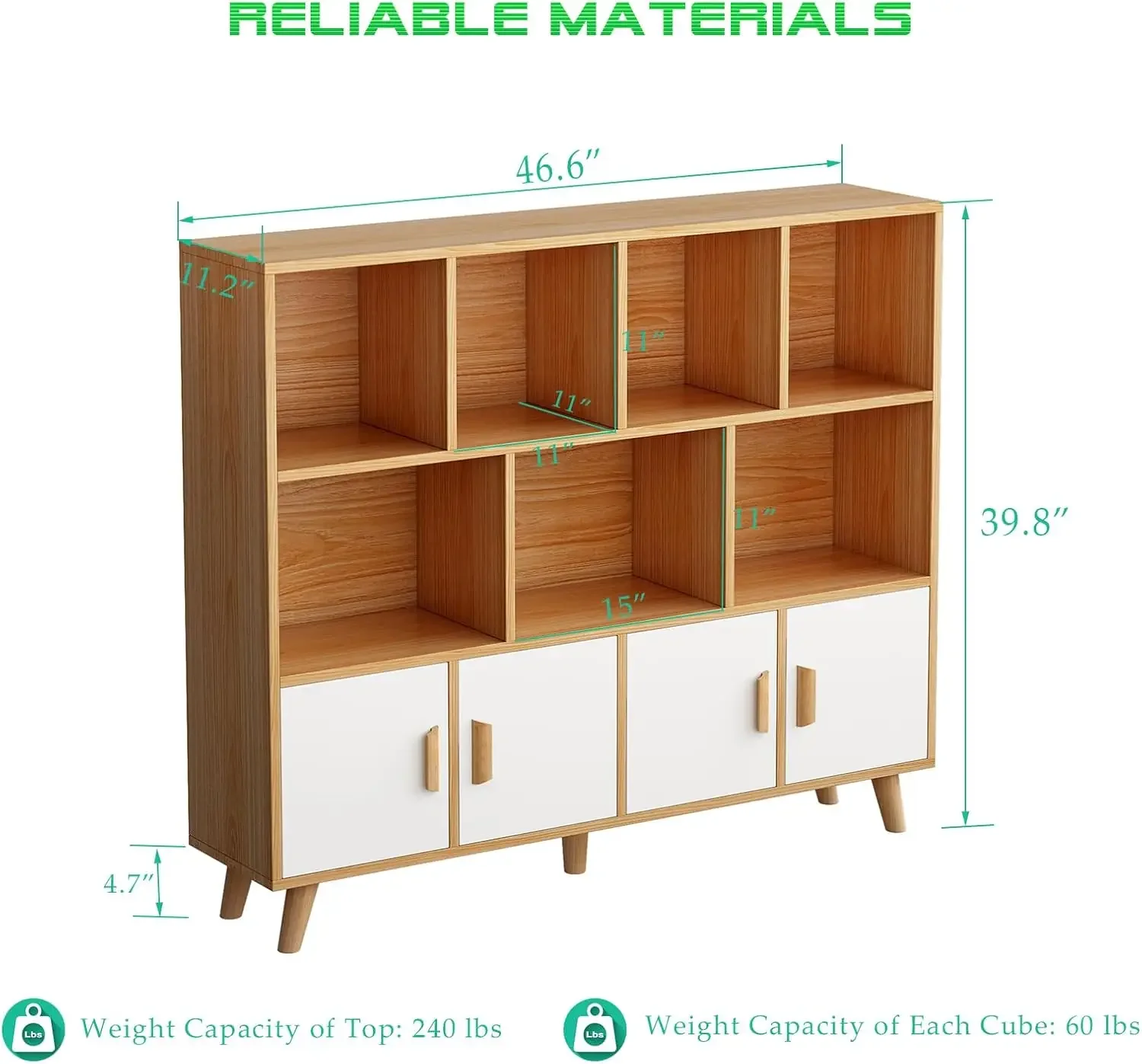 Shelf Bookcase with Doors - Wooden 11 Cube Floor Standing Open Bookshelf with Solid Wood Legs, 3-Tier Storage Cabinet, Oak and W