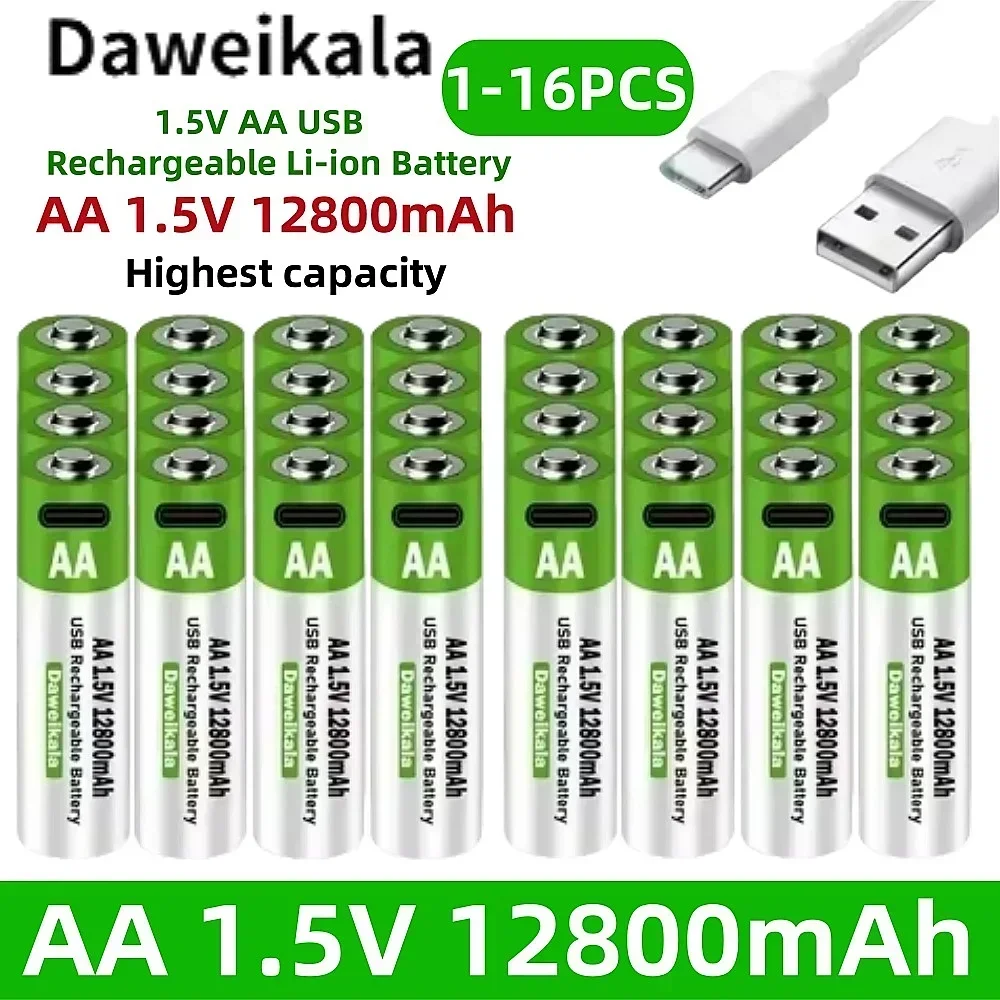 

2024 New 1.5V AA USB Rechargeable Battery 12800 mAh Li-ion Battery for Remote Control Mouse Electric Toy Battery + Type-C Cable