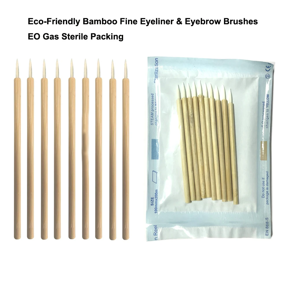 Eco-Friendly bambu fino delineador e sobrancelha escovas, com embalagem estéril EO, 50 pcs