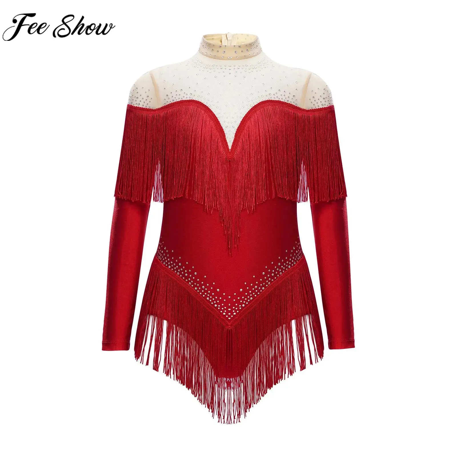 

Teen Girls Latin Dance Performance Costume Long Sleeve Rhinestones Sheer Mesh Tassels Figure Skating Cha-cha Samba Tango Leotard