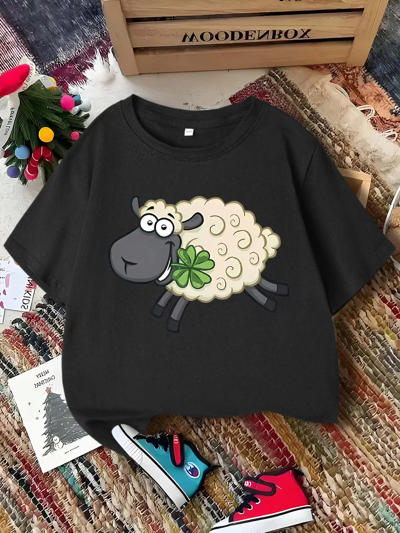 Lucky Clover Sheep Cartoon Print Kids Tee Boys Girls Family Matching Short Sleeve Soft Breathable Parent Child Daily Comfort Top