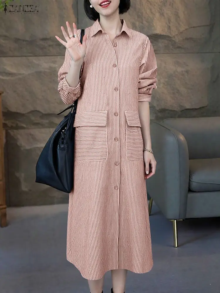 

Women Plus Size Dresses ZANZEA Striped Long Shirt Casual Long Sleeve Print Pockets Party Vestidos Autumn Lapel Fashion Robe 5XL
