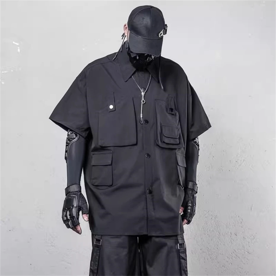 Oversized Short Sleeve Shirts Men Streetwear Punk Casual Shirt Function Black Multi Pockets Harajuku Cargo Shirt Coats Techwear