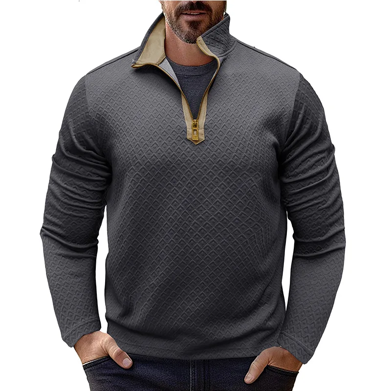 

Stylish Men's Long Sleeve Tees Half Zip Henley Collar T-Shirts Diamond Patterned Trendy Dark Gray Casual Outdoor Wears