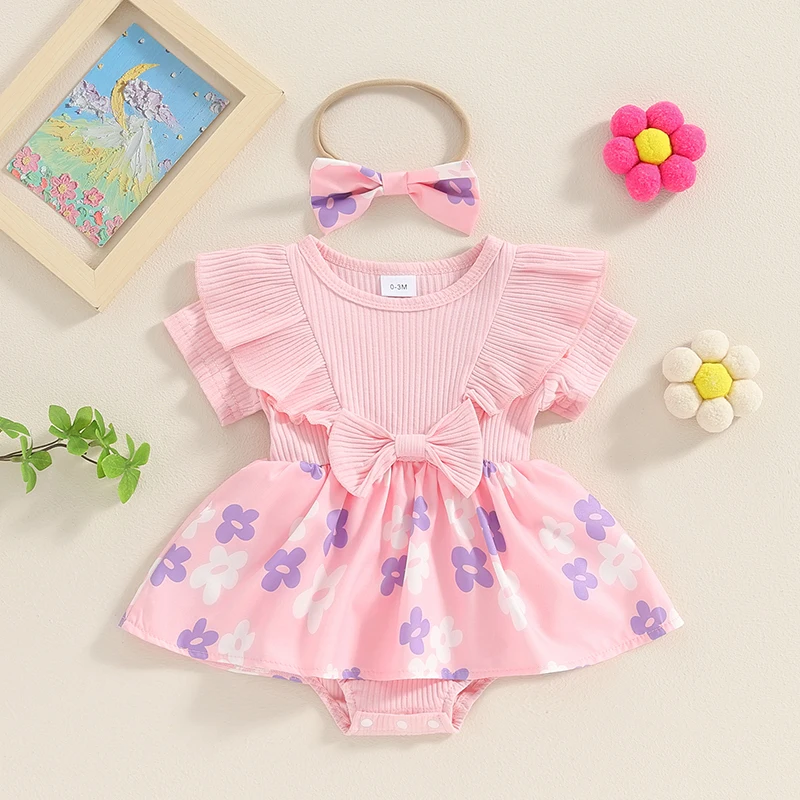 

Baby Girl 2 Piece Outfits Floral Print Short Sleeve Ribbed Romper Dress with Cute Headband Set Summer Clothes