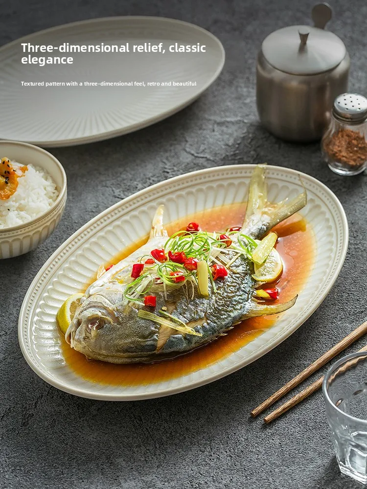 Elegant Ceramic Fish Plate Oval Shape Luxury Feel China Dish for Steamed Fish Home Use New 2026 Model Glazed under Color