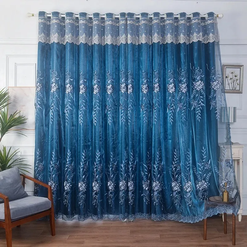

European Double-layer Embroidered Colth Yarn Integrated Luxury Jacquard Blackout Curtains Bedroom Living Room Custom Tulle Set