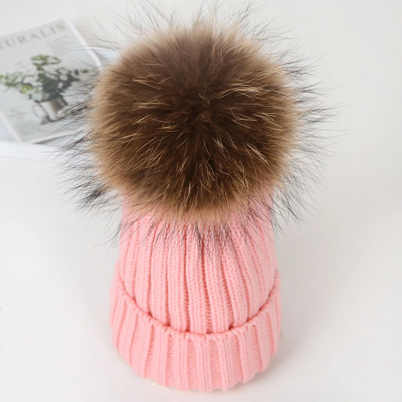 Children Real Raccoon Fur Ball Hats Knitted Hat Children Keep Warm Winter Hats for Women Knit Beanies Cap Fur PomPom Caps Girl