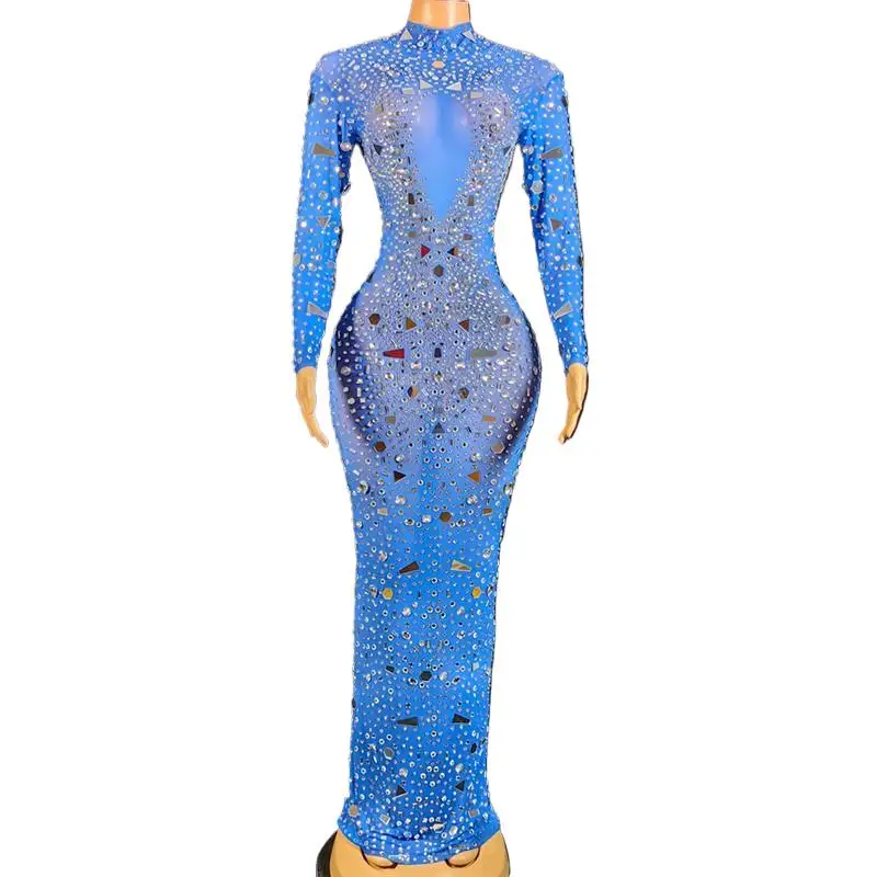 New Royal Blue Sequin Dress Catwalk Show Model Evening Gown Birthday Party Long Mirror Dresses For Women