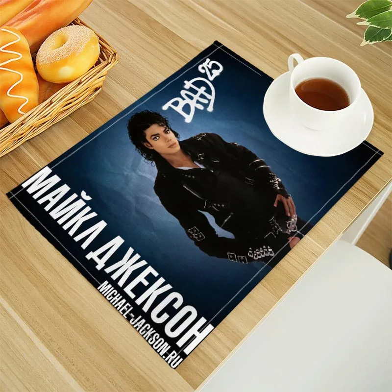 Home Decor Michael Jackson Print Linen Dining Table Mats Alphabet Kitchen Placemat 30X40cm Coasters Pads Bowl Cup Mat