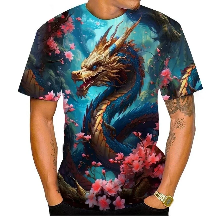 2024 New 3D Men\'s T Shirt Chinese Dragon Graphics Print Short Sleeve Tees Summer Casual O-neck Oversized Street Men Clothing Top