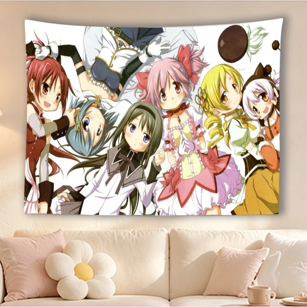 Puella Magi Madoka Magica Full Cast Magical Girls Pink Madoka Homura Mami Sayaka Kyoko White Background Anime Tapestry Girls Bed