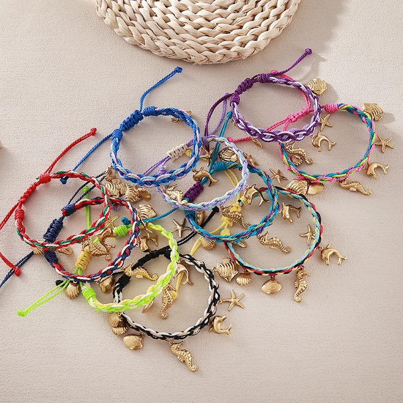 

Handmade Rope Braided Bracelet Women's Colorful Adjustable Gold-Plated Stainless Steel Fish Shell Starfish Conch Pendant Chain