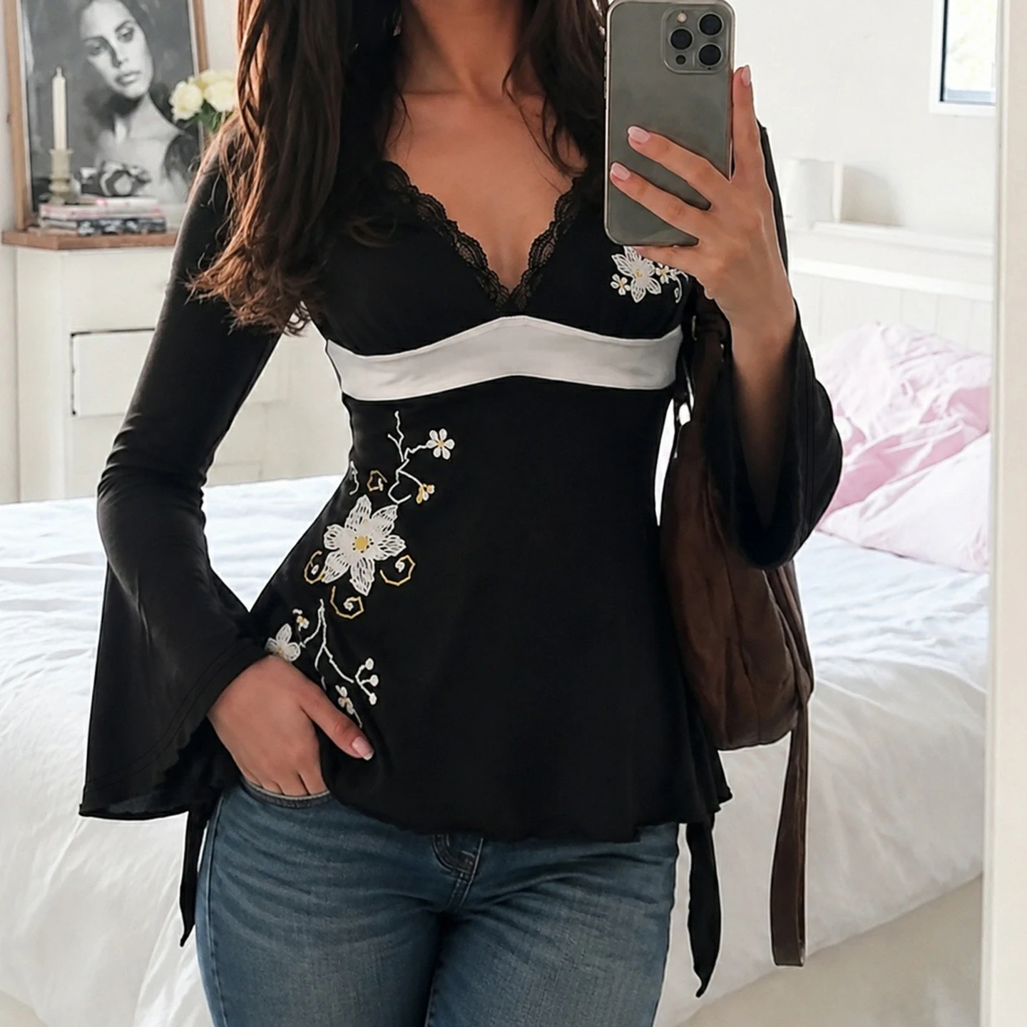 SUCHCUTE Women Y2K Floral Black t-shirts Lace Trim Deep V Neck Long Flare Sleeve Top White Sash Waist Slim Fit Vintage Aesthetic