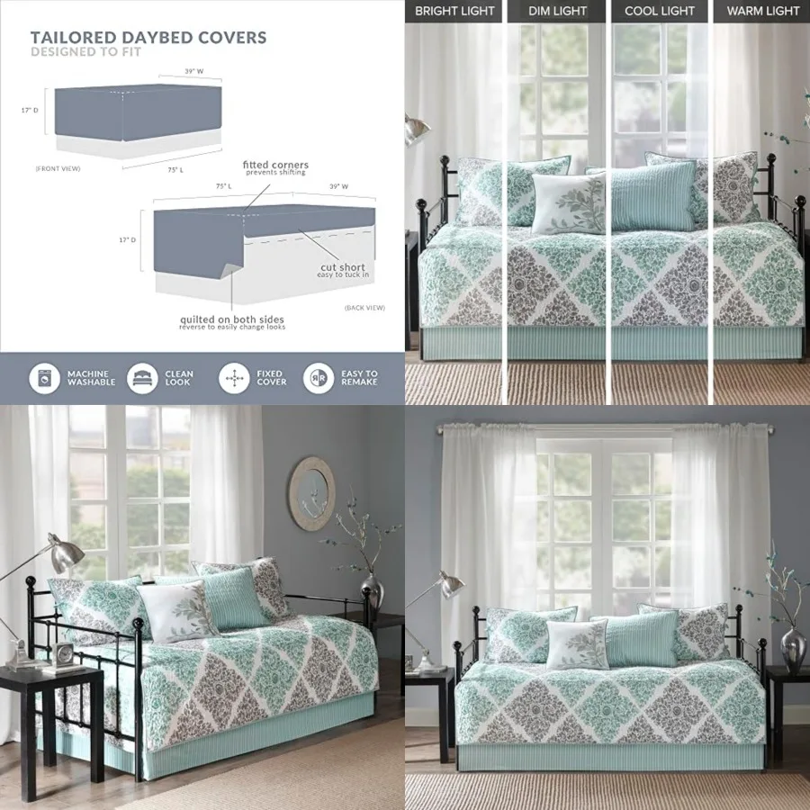 

Daybed Cover Set - Double Sided Quilting Casual Design, All Season Bedding with Bedskirt, Matching Shams, Decorative Pillow, 75