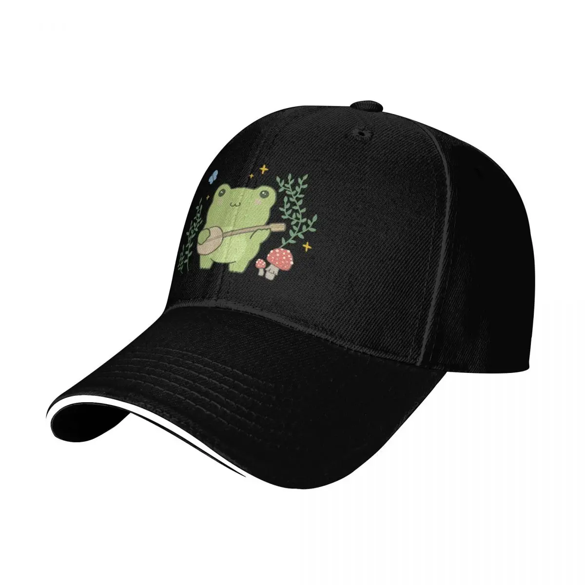 Cute Kawaii Frog Playing Banjo - Toad Plant Fungi Blue Butterfly - Cottagecore Aesthetic Mushroom - Chubby Phrog Baseball Cap