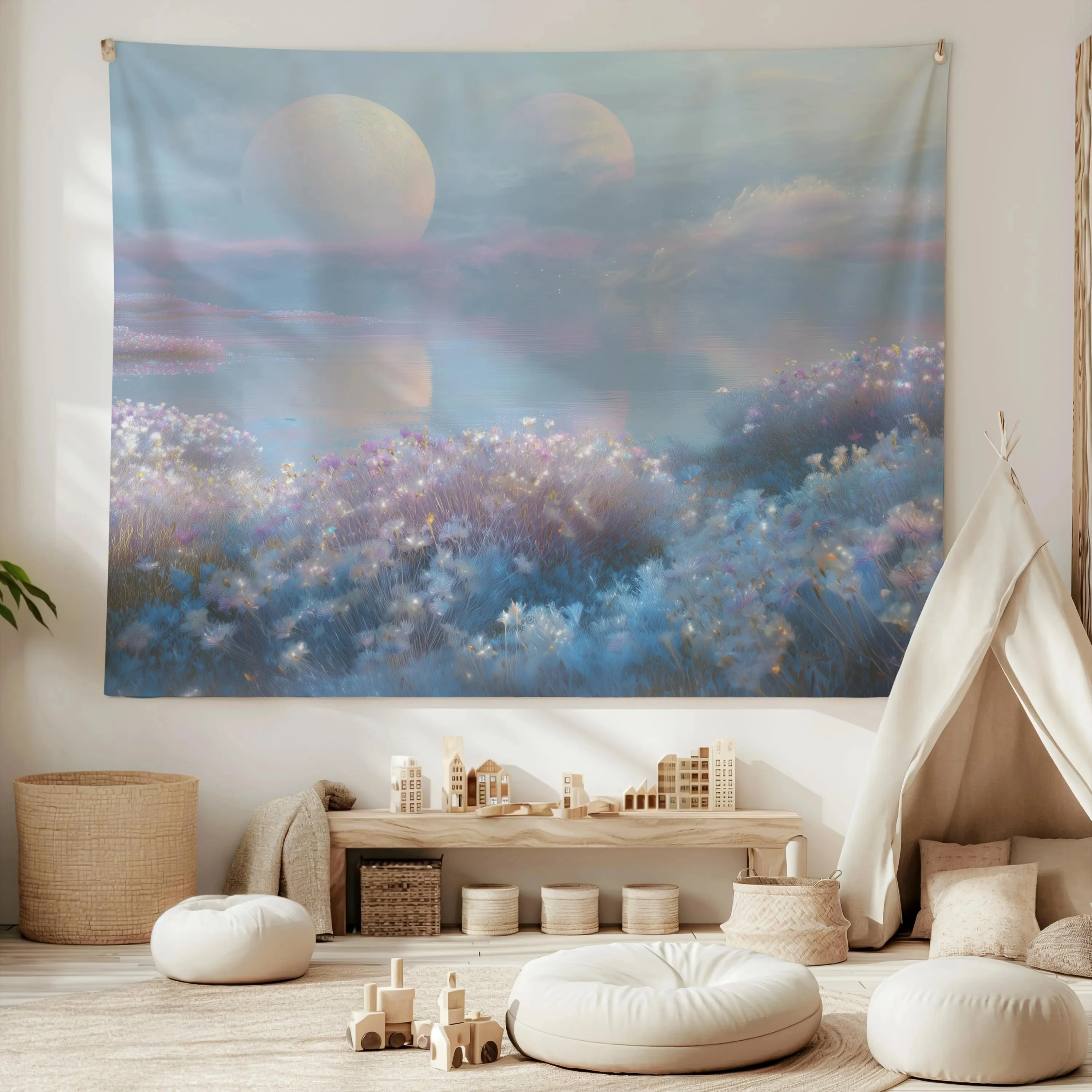 VIKAMA Dreamy Double Moon Scenery Tapestry Gentle Ins Wind Background Cloth Living Room Decoration Room Decoration