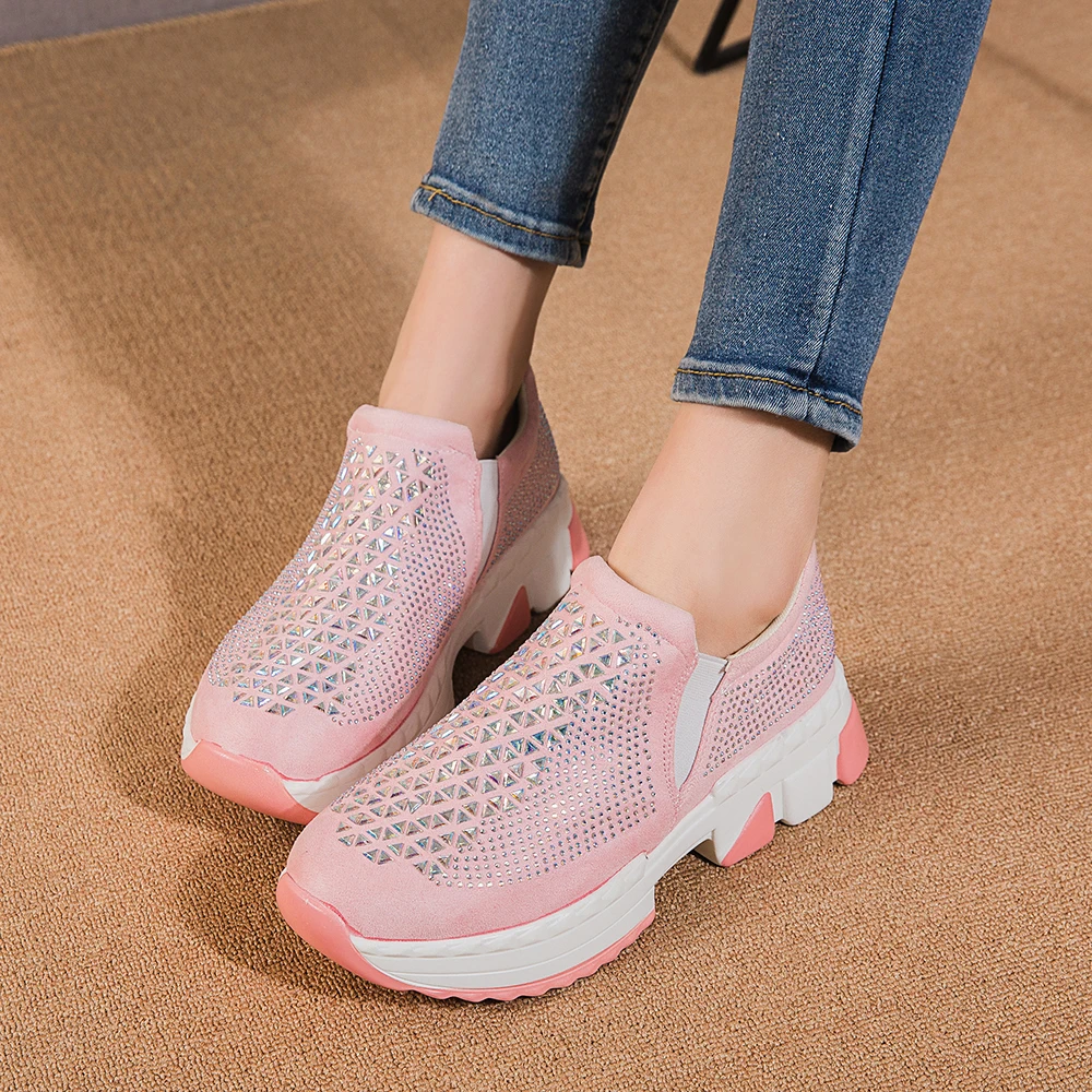 Rhinestone Women Sock Sneakers Thick Sole Comfortable Lady Tenis Soft Platform Light Lazy Loafer Crystal Summer Girl Flat Shoes