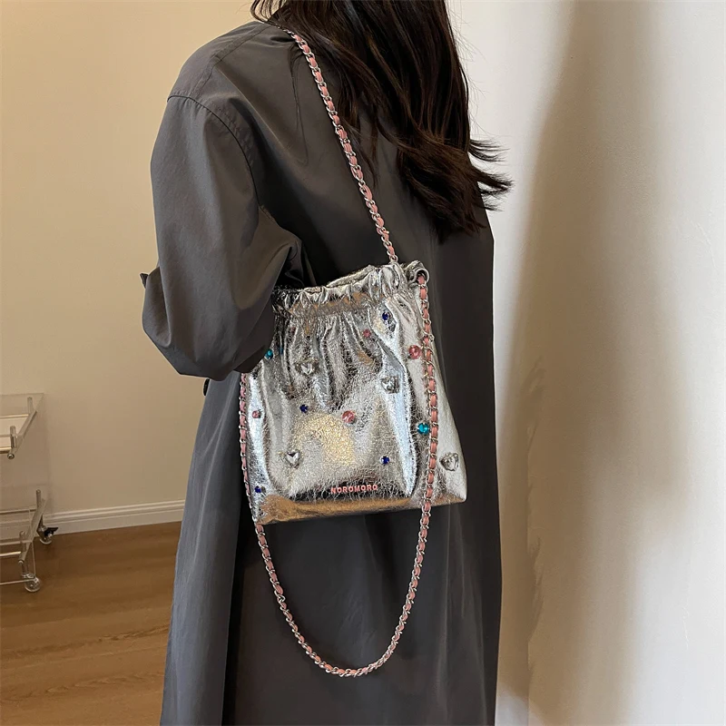 Vintage Drawstring Silver Shoulder Crossbody Bags Women Handbags and Purses 2023 New Design Ladies Messenger Bags High Quality