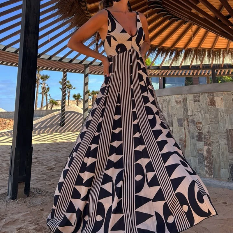 BKLD Vintage Print V Neck Sleeveless Backless High Waist Vacation Fancy Boho Maxi Strap Dress 2025 Summer Seaside Big Swing Robe