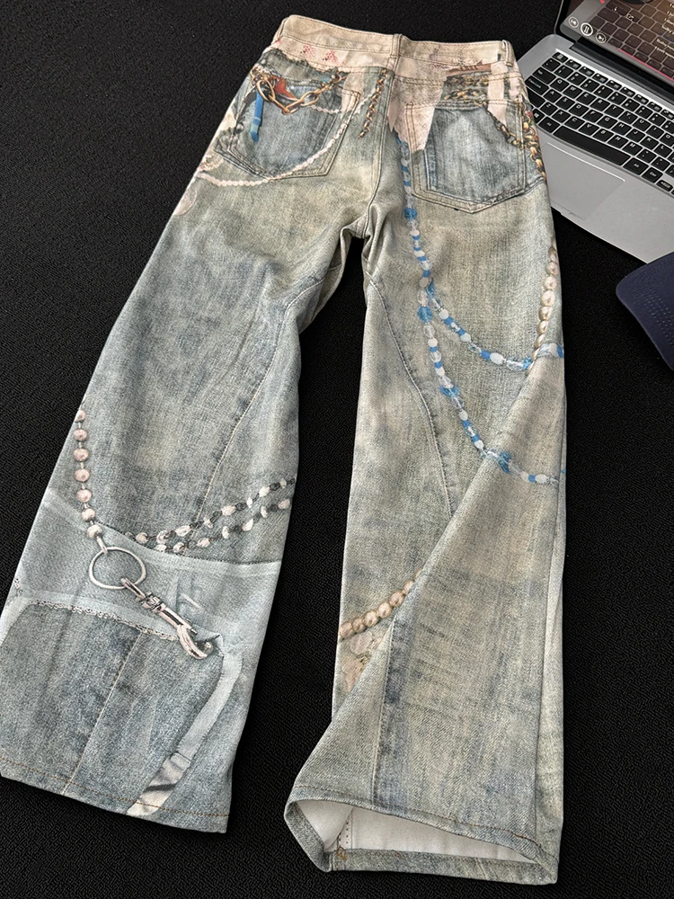 2025 الربيع والخريف جديد النمط الأمريكي الدانتيل اللؤلؤ سلسلة التعادل صبغ الثقيلة ثلاثية الأبعاد الطباعة الرقمية فضفاض عادية مستقيم الجينز #3